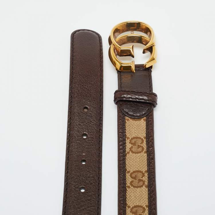 Pre Owned Gucci Brown/Beige GG Canvas and Leather Double G Buckle Belt 90CM