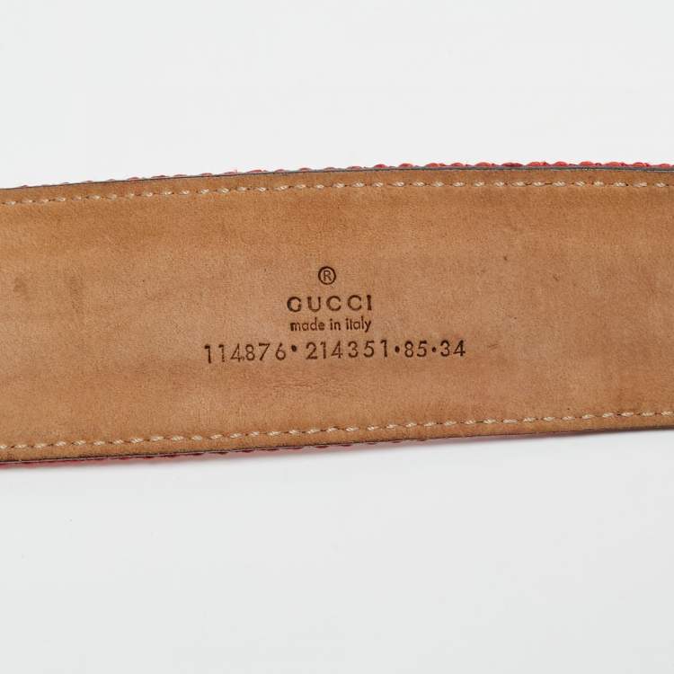 Pre Owned Gucci Red/White Web Canvas and Leather Interlocking G Buckle Belt 85CM