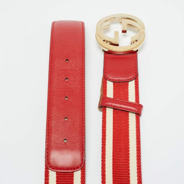 Pre Owned Gucci Red/White Web Canvas and Leather Interlocking G Buckle Belt 85CM
