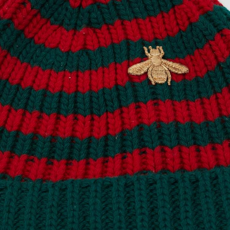 Pre Owned Gucci Green/Red Striped Rib Knit Bee Applique Beanie L
