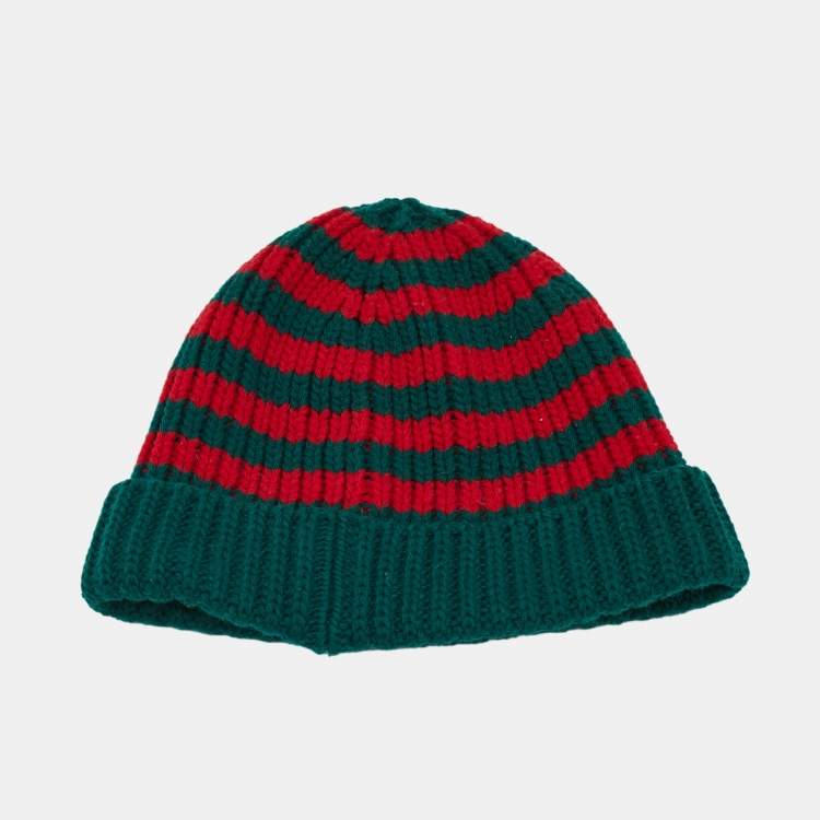Pre Owned Gucci Green/Red Striped Rib Knit Bee Applique Beanie L