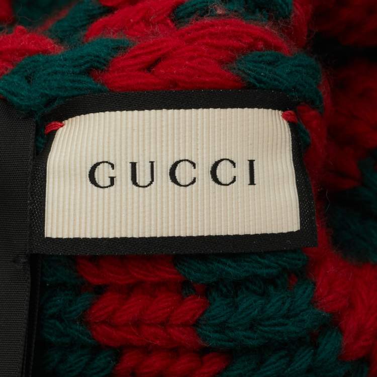 Pre Owned Gucci Green/Red Striped Rib Knit Bee Applique Beanie L