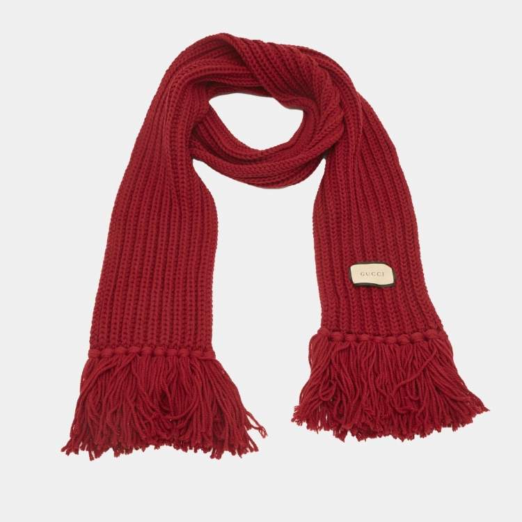 Pre Owned Gucci Red Rib Knit Fringed Muffler 