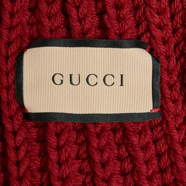 Pre Owned Gucci Red Rib Knit Fringed Muffler 
