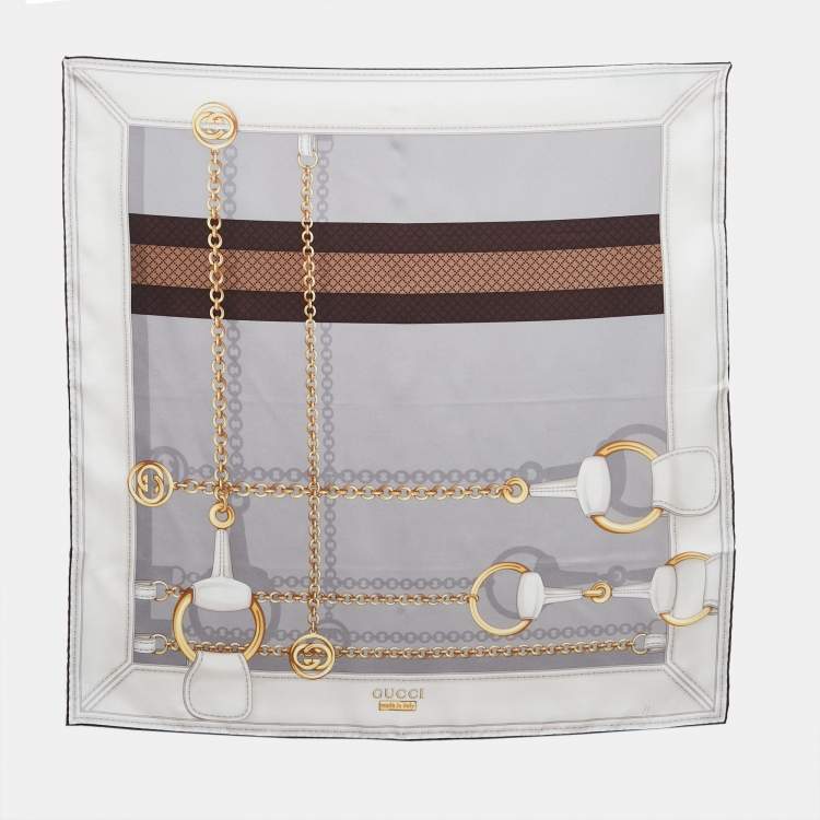 Pre Owned Gucci Grey Printed Silk Square Scarf 