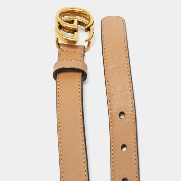Pre Owned Gucci GG Marmont Slim Buckle Belt Beige Leather