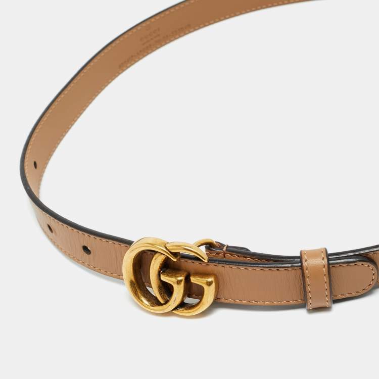Pre Owned Gucci GG Marmont Slim Buckle Belt Beige Leather