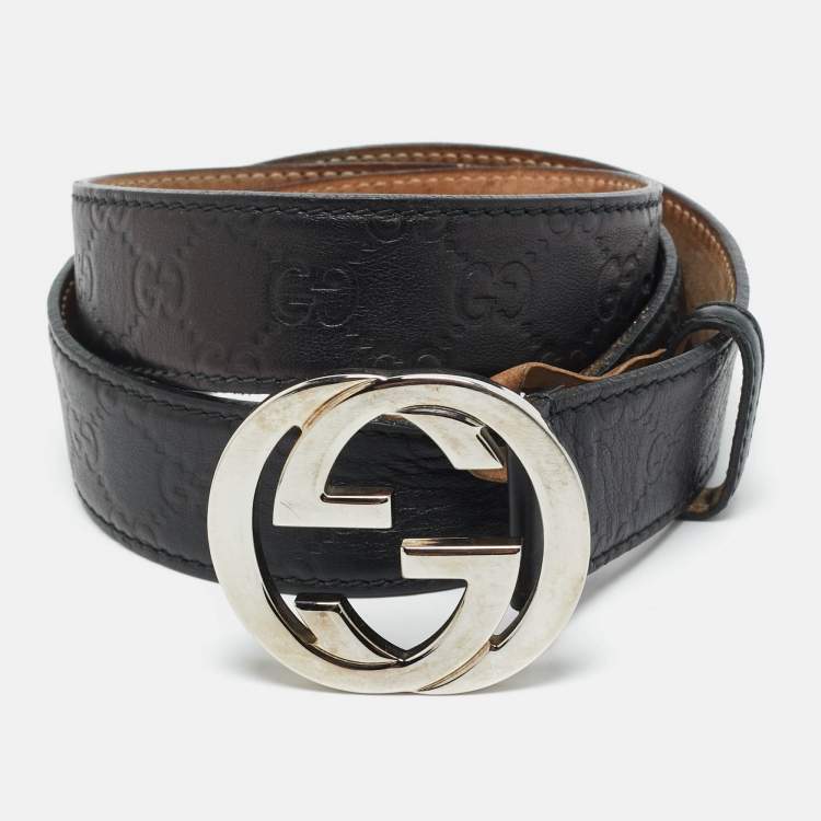 مملوكة مسبقًا Gucci Black Guccissima Leather Interlocking G Buckle Belt 95CM