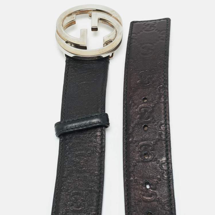 مملوكة مسبقًا Gucci Black Guccissima Leather Interlocking G Buckle Belt 95CM
