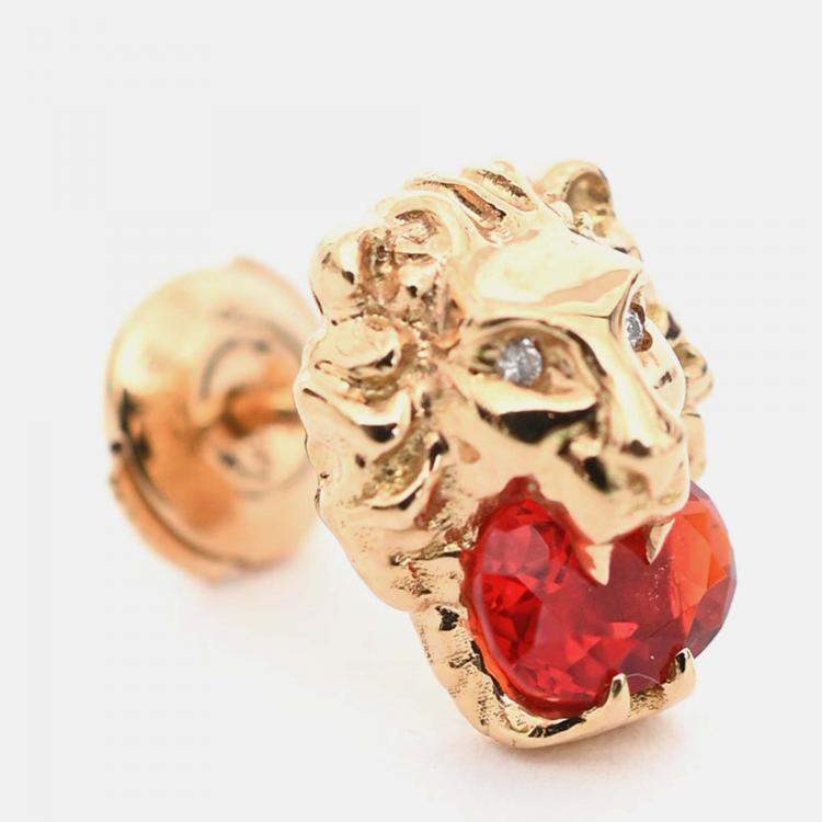 Pre Owned Gucci 18K Yellow Gold/Fire Opal/Diamond Set Lion Head Earrings
