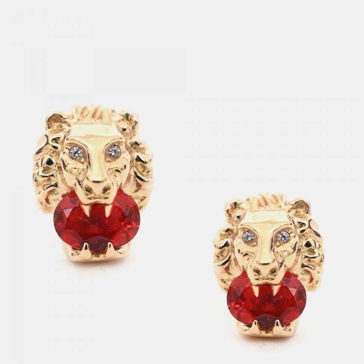 Pre Owned Gucci 18K Yellow Gold/Fire Opal/Diamond Set Lion Head Earrings