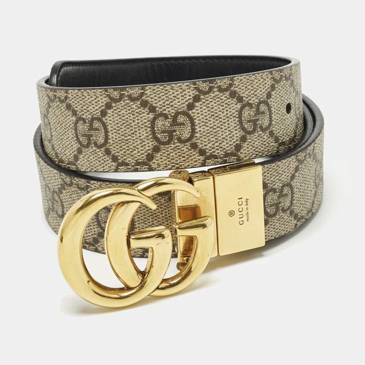 Pre Owned Gucci GG Marmont 75 CM Reversible Buckle Belt Beige/Black GG Supreme Canvas and Leather 