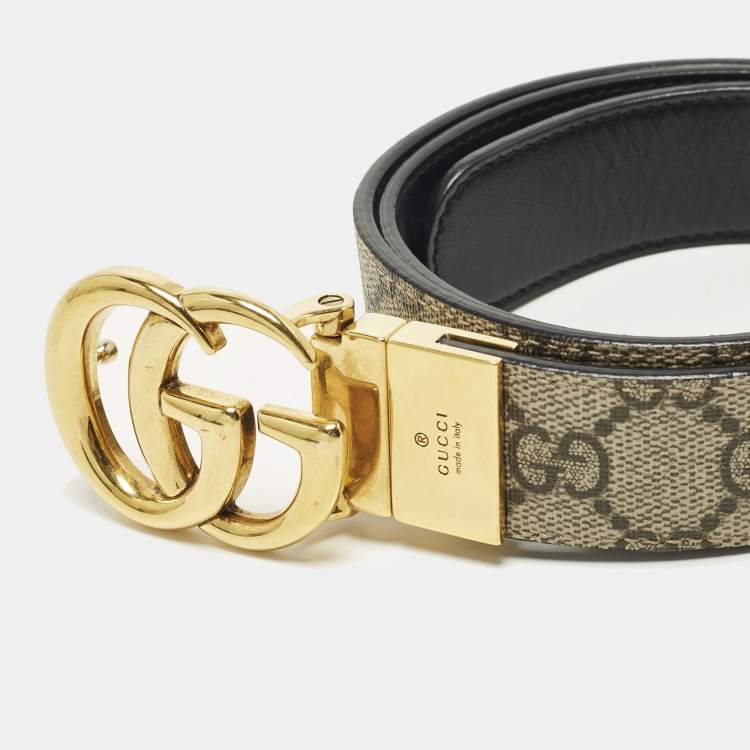 Pre Owned Gucci GG Marmont 75 CM Reversible Buckle Belt Beige/Black GG Supreme Canvas and Leather 