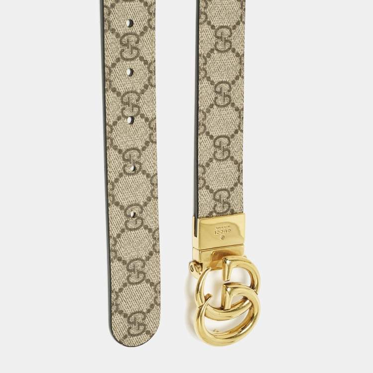 Pre Owned Gucci GG Marmont 75 CM Reversible Buckle Belt Beige/Black GG Supreme Canvas and Leather 