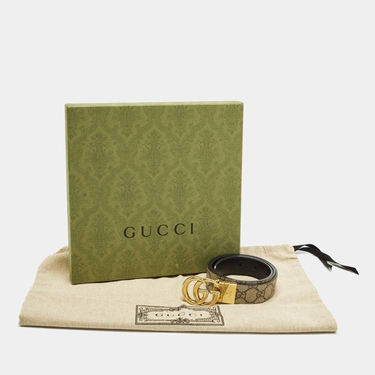 Pre Owned Gucci GG Marmont 75 CM Reversible Buckle Belt Beige/Black GG Supreme Canvas and Leather 