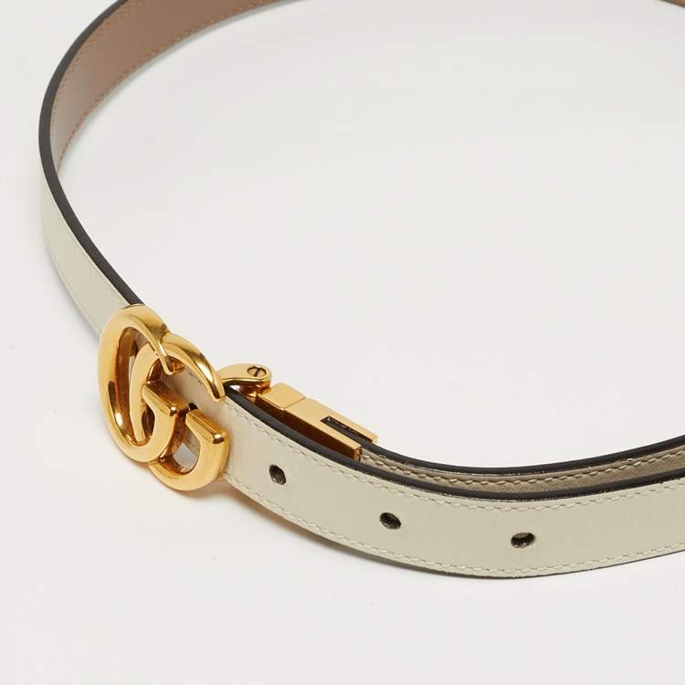 مملوكة مسبقًا حزام غوتشي مارمونت جي جي قابل للعكس جلد أسود/أبيض رفيع 80 سم