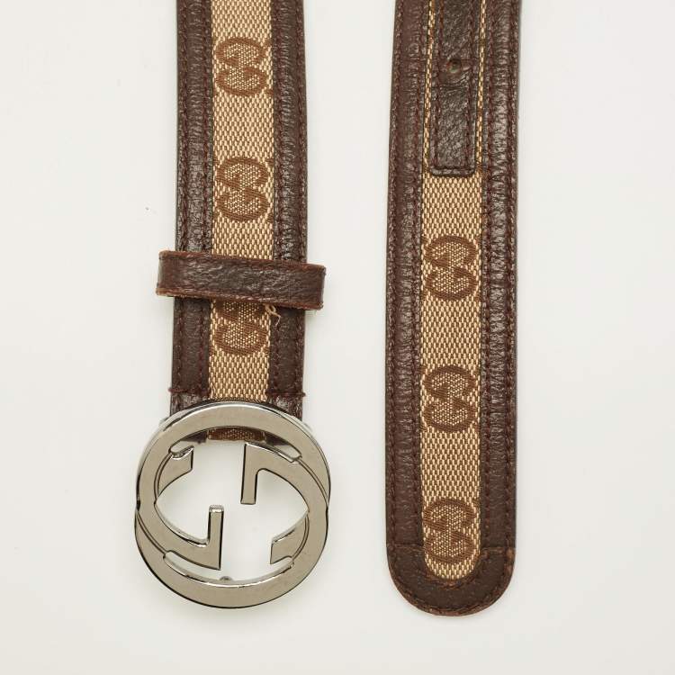 Pre Owned Gucci Interlocking G 90 CM Buckle Belt Beige/Brown GG Canvas and Leather
