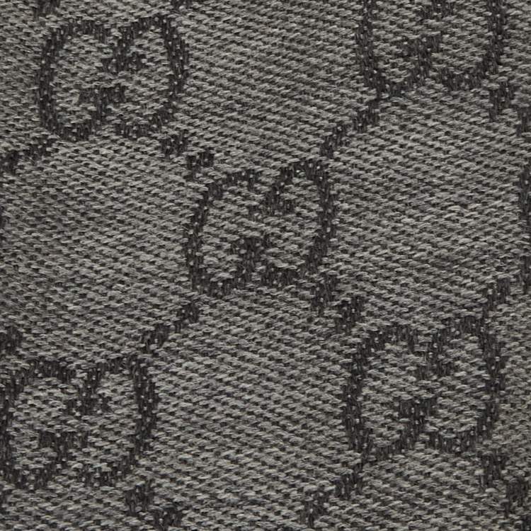 Pre Owned Gucci Grey GG Jacquard Wool Fringed Scarf