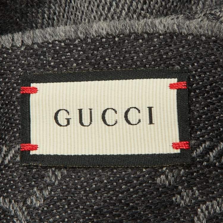 Pre Owned Gucci Grey GG Jacquard Wool Fringed Scarf