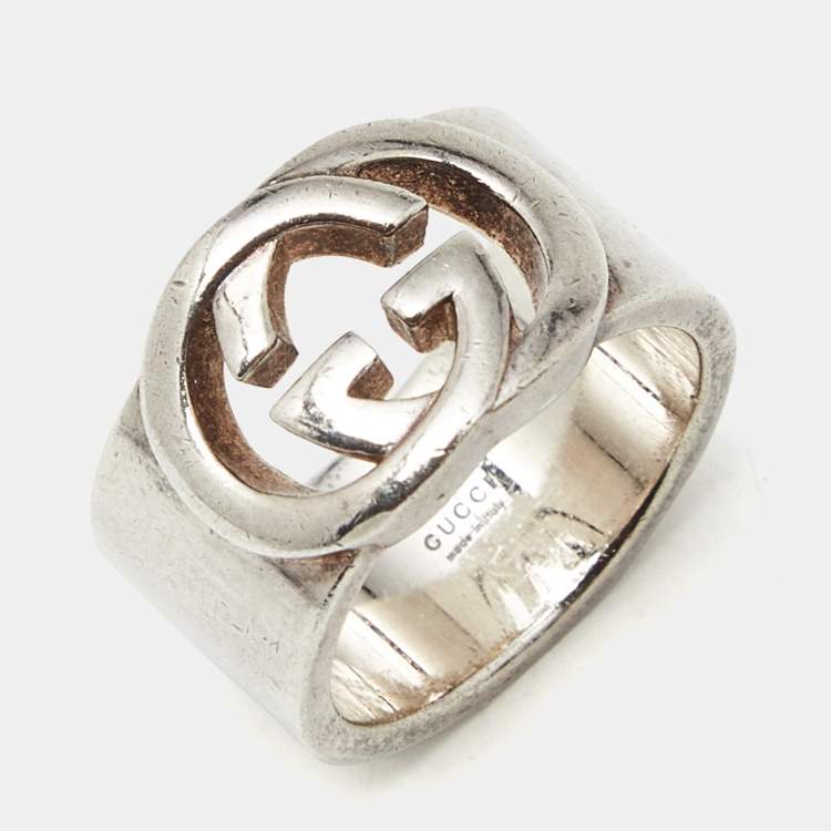Pre Owned Gucci Interlocking G Sterling Silver Band Ring Size 51