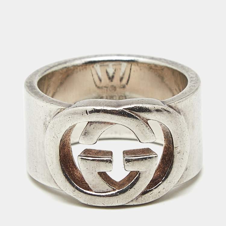 Pre Owned Gucci Interlocking G Sterling Silver Band Ring Size 51