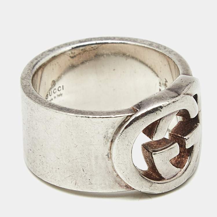Pre Owned Gucci Interlocking G Sterling Silver Band Ring Size 51