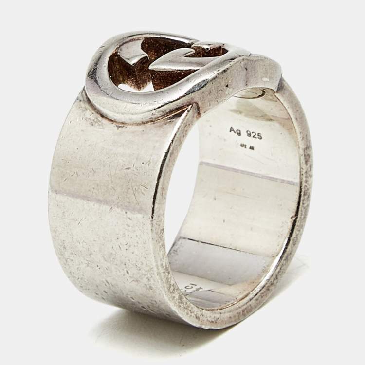 Pre Owned Gucci Interlocking G Sterling Silver Band Ring Size 51