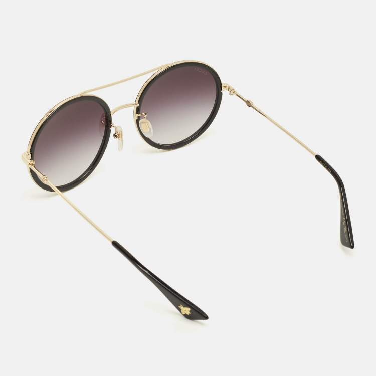 Pre Owned Gucci Black/Gold Tone Gradient GG0061S Round Sunglasses