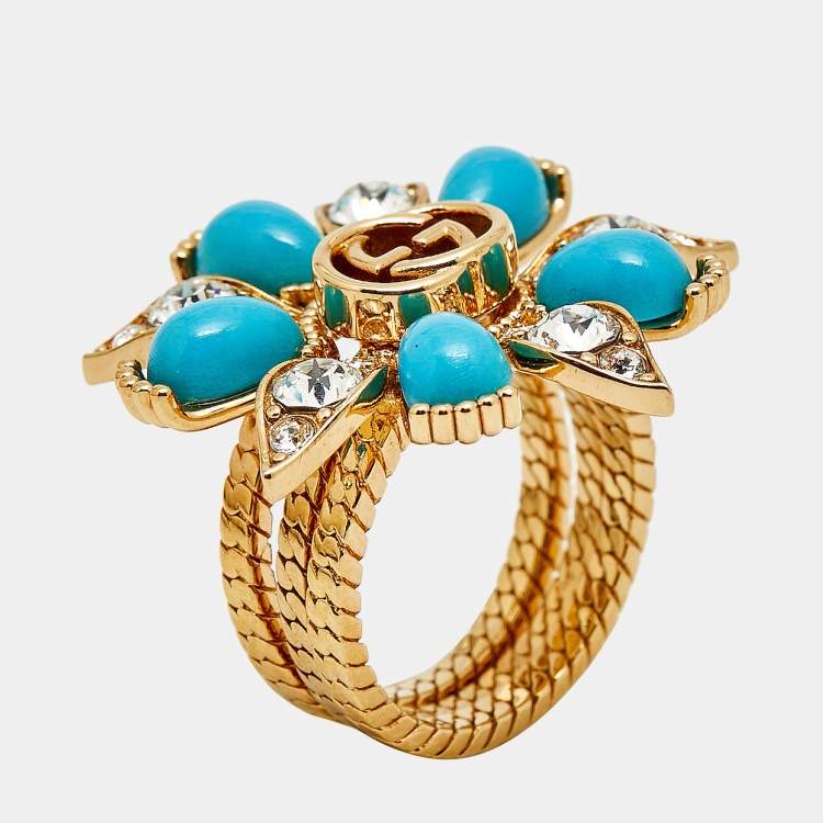 Pre Owned مجموعة خواتم غووتشي ثلاثية زهرة راتينج بلورات لون ذهبي