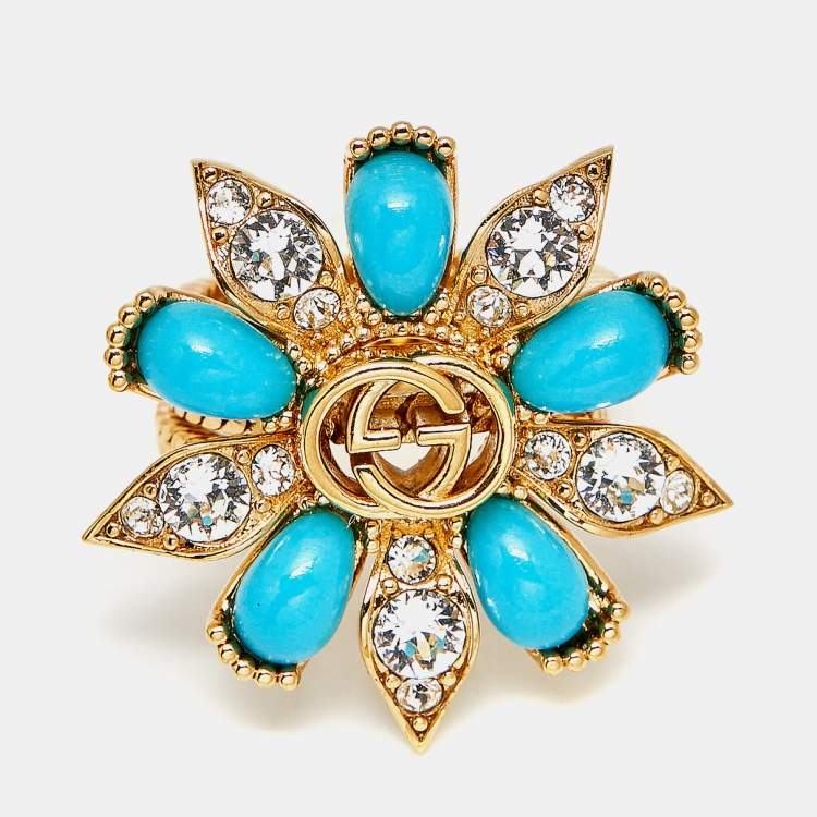 Pre Owned مجموعة خواتم غووتشي ثلاثية زهرة راتينج بلورات لون ذهبي