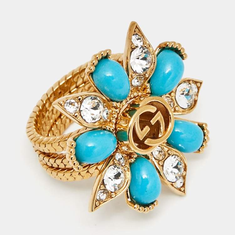 Pre Owned مجموعة خواتم غووتشي ثلاثية زهرة راتينج بلورات لون ذهبي