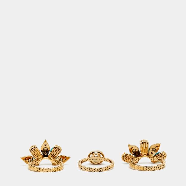 Pre Owned مجموعة خواتم غووتشي ثلاثية زهرة راتينج بلورات لون ذهبي