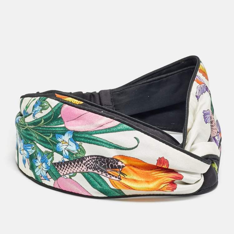 Pre Owned Gucci Black Floral Snake Print Silk Headband