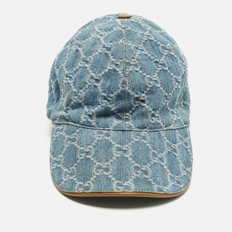 Pre Owned Gucci Blue GG Denim & Leather Trim Baseball Cap XS