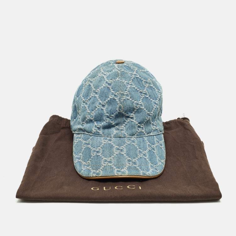 Pre Owned Gucci Blue GG Denim & Leather Trim Baseball Cap XS