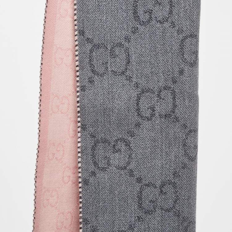 Pre Owned Gucci Lurex Grey & Pink Logo Jacquard Wool Fringed Scarf
