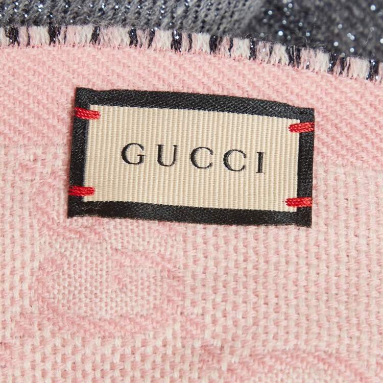 Pre Owned Gucci Lurex Grey & Pink Logo Jacquard Wool Fringed Scarf