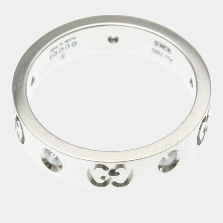 Pre Owned Gucci Icon Diamond Ring White Gold 18K Fashion Diamond Band Ring Silver US 10