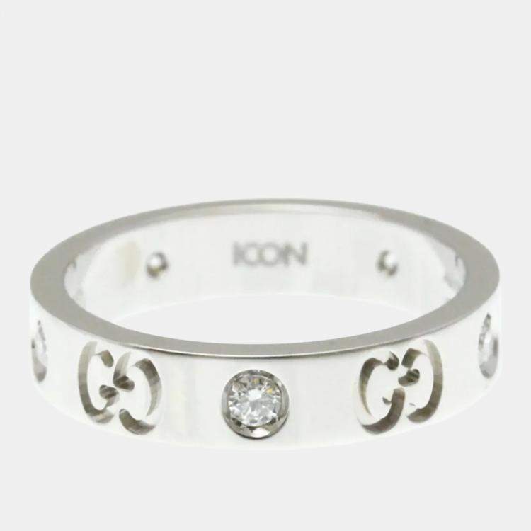 Pre Owned Gucci Icon Diamond Ring White Gold 18K Fashion Diamond Band Ring Silver US 10