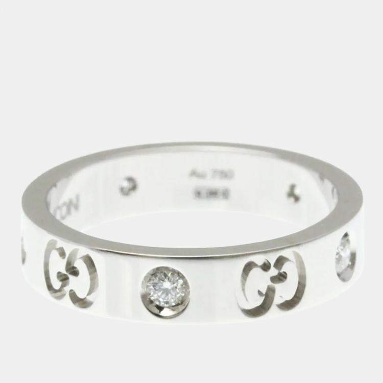 Pre Owned Gucci Icon Diamond Ring White Gold 18K Fashion Diamond Band Ring Silver US 10