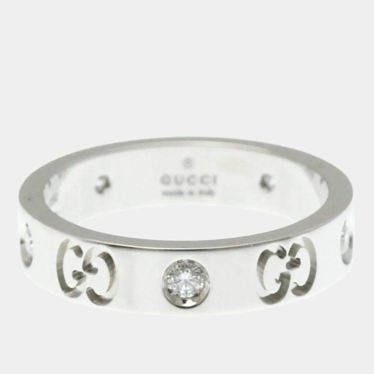 Pre Owned Gucci Icon Diamond Ring White Gold 18K Fashion Diamond Band Ring Silver US 10