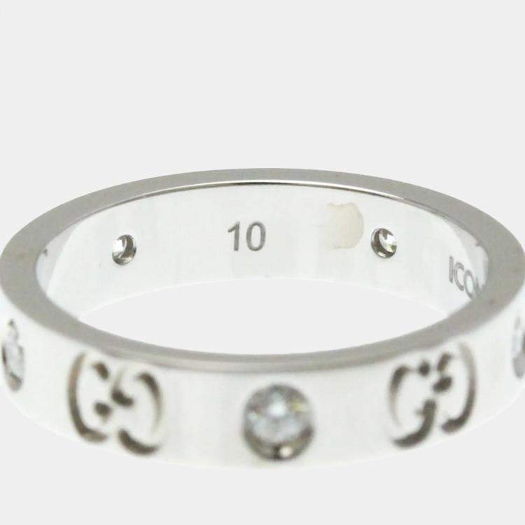 Pre Owned Gucci Icon Diamond Ring White Gold 18K Fashion Diamond Band Ring Silver US 10