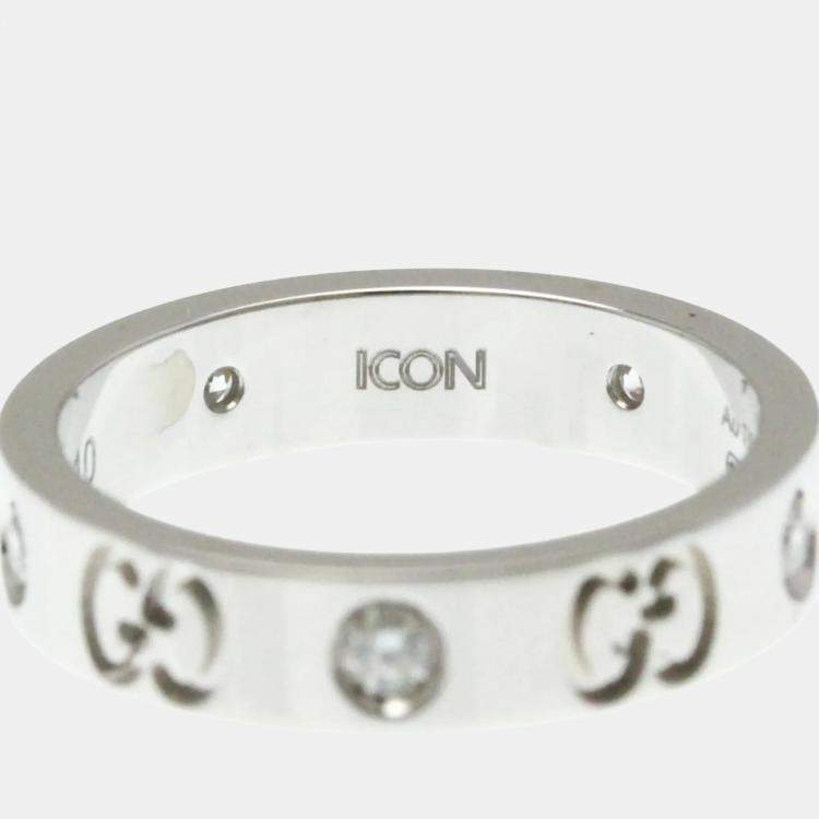 Pre Owned Gucci Icon Diamond Ring White Gold 18K Fashion Diamond Band Ring Silver US 10