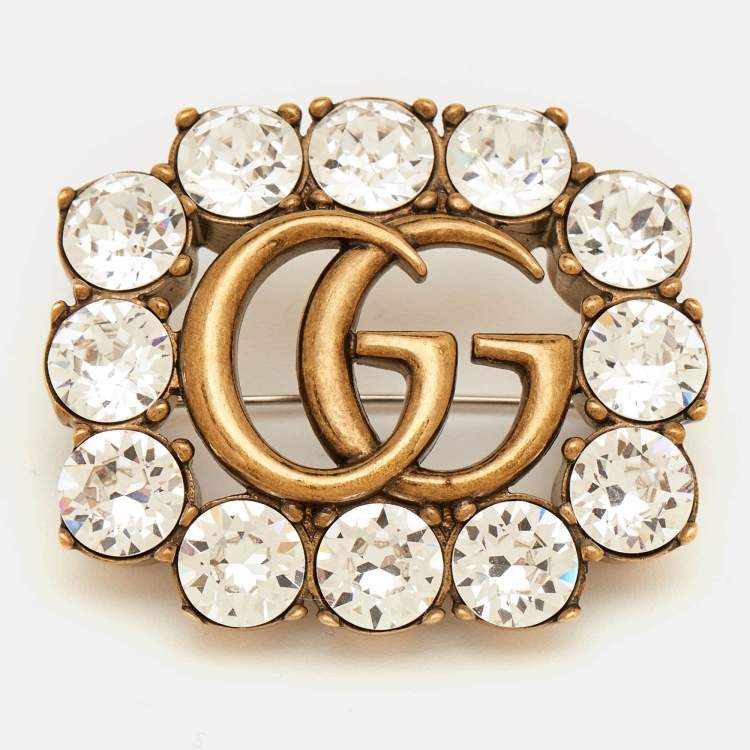Pre Owned Gucci GG Marmont Crystal Gold Tone Pin Brooch