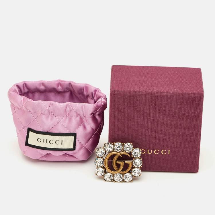 Pre Owned Gucci GG Marmont Crystal Gold Tone Pin Brooch