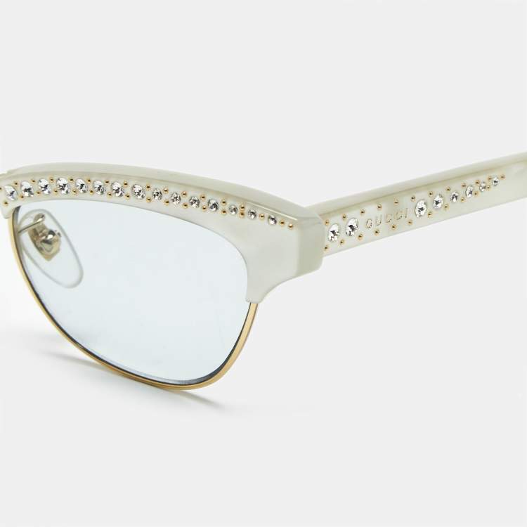 Pre Owned Gucci Pearl White GG0153S Crystal Embellished Cat Eye Sunglasses