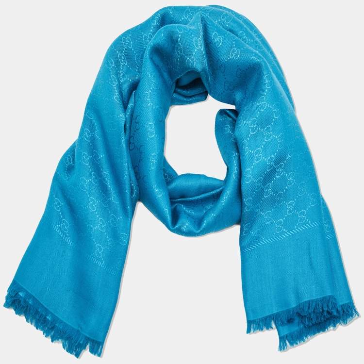 Pre Owned Gucci Blue GG Jacquard Wool Blend Scarf 