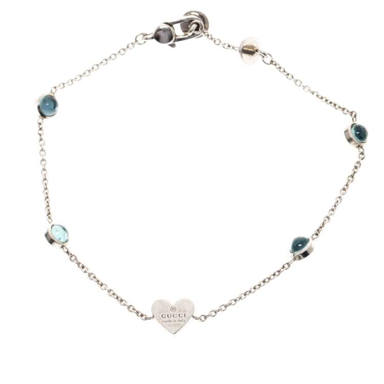Pre Owned Gucci Heart Blue Cabochon Silver Bracelet