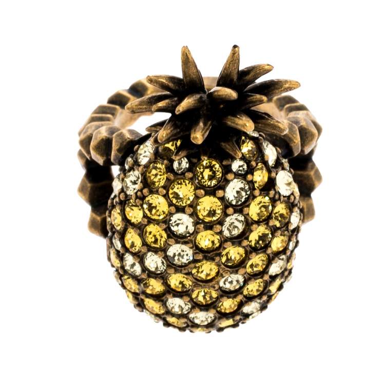 Pre Owned Gucci Pineapple Motif Multi Color Crystal Studded Gold Tone Ring Size 54