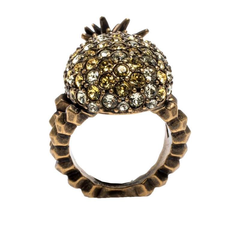 Pre Owned Gucci Pineapple Motif Multi Color Crystal Studded Gold Tone Ring Size 54